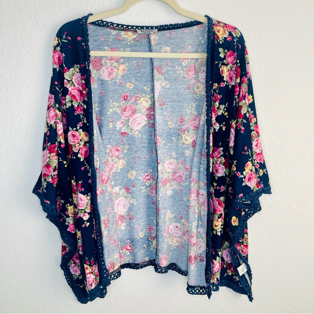 BEYOVE Blue Floral Print Open Front cover up tunic